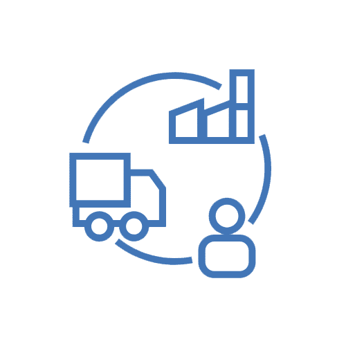 Home 15 Blue icon of a freight truck, warehouse, and person connected in a circular loop, representing Jade International's people-powered logistics and end-to-end supply chain solutions.